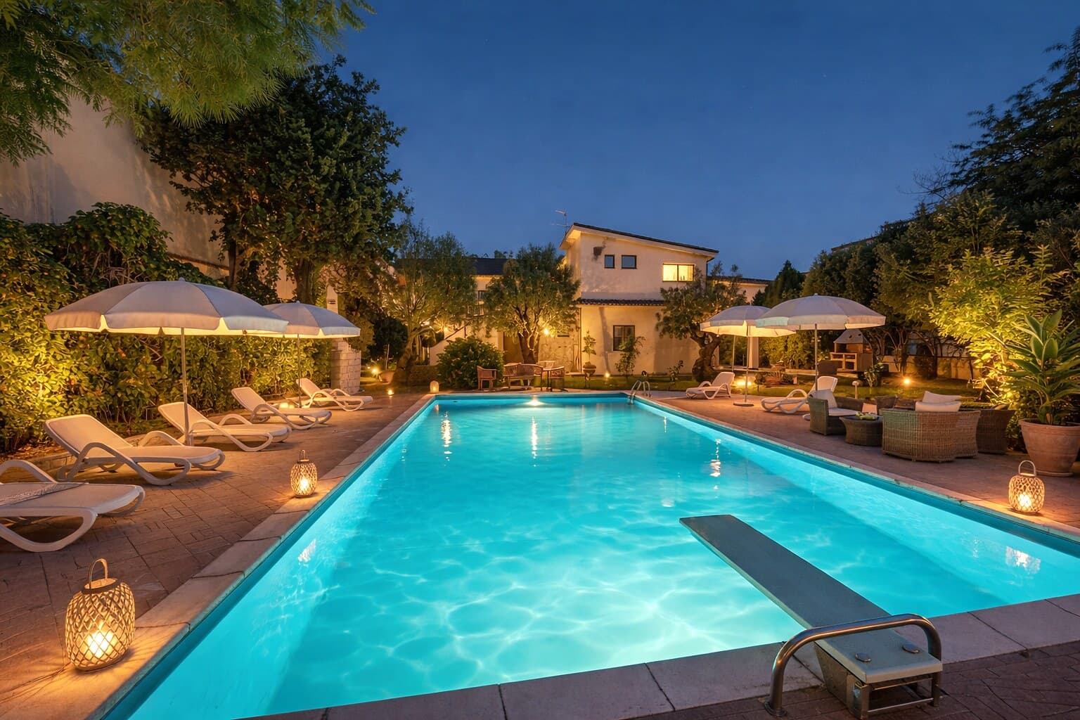 La piscina e il giardino di Villa Olimpia di giorno